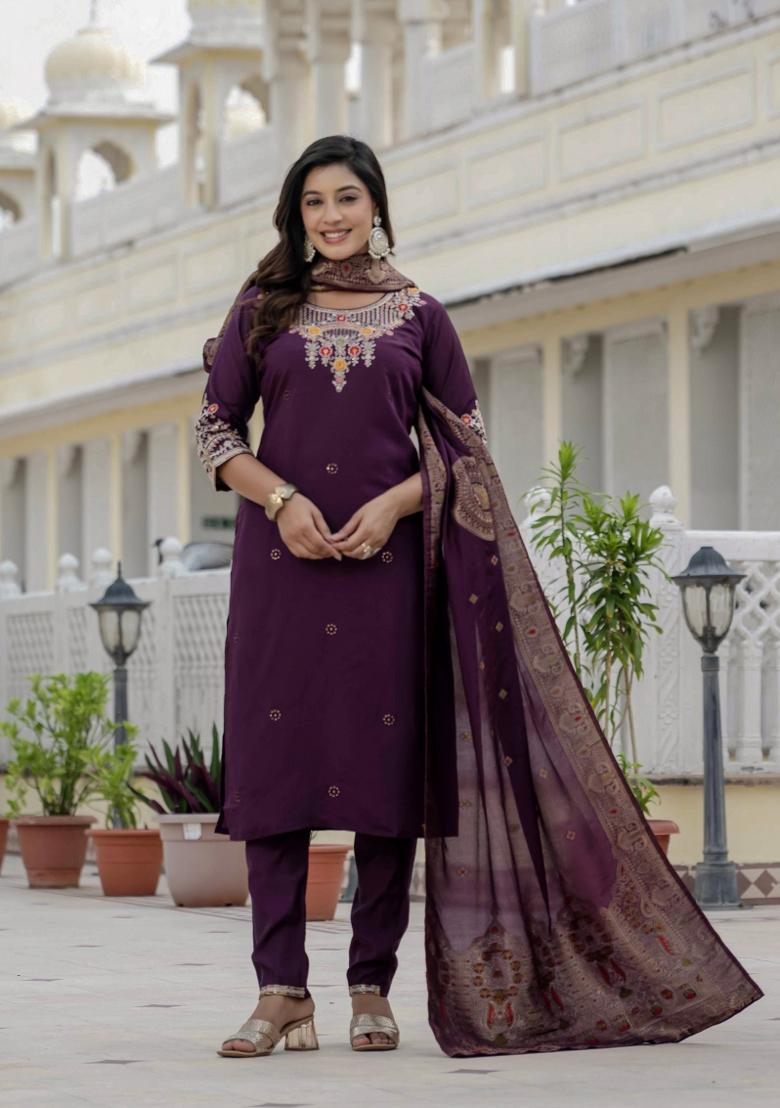 Wine Sequin Work Silk Kurta Set - Indya