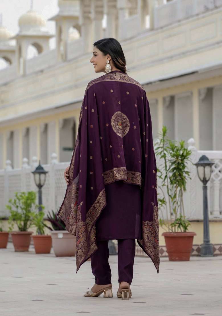 Wine Sequin Work Silk Kurta Set - Indya