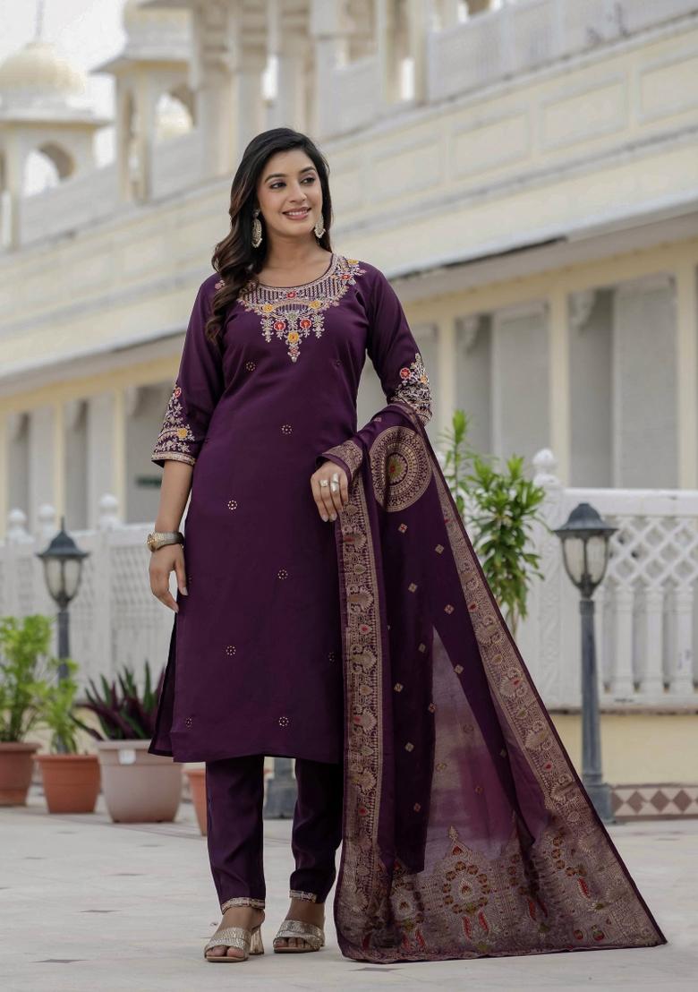 Wine Sequin Work Silk Kurta Set - Indya