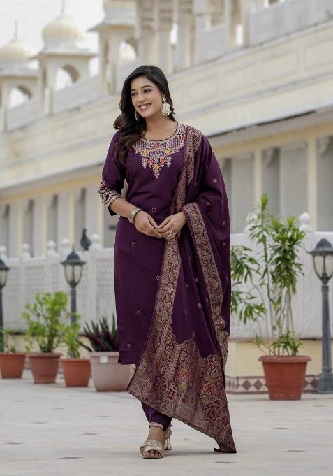 Wine Sequin Work Silk Kurta Set