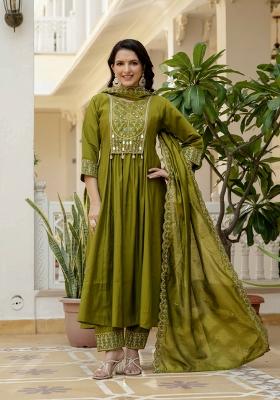 Mehendi Embroidered Silk Kurta Set
