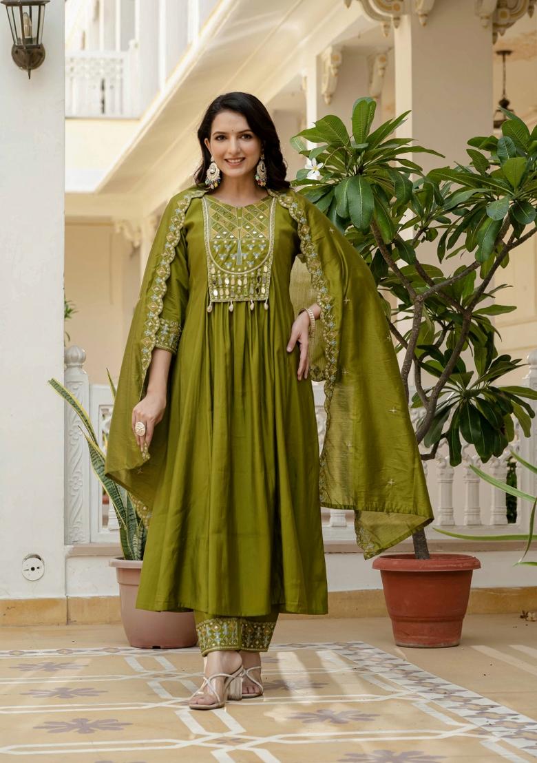 Mehendi Embroidered Silk Kurta Set - Indya