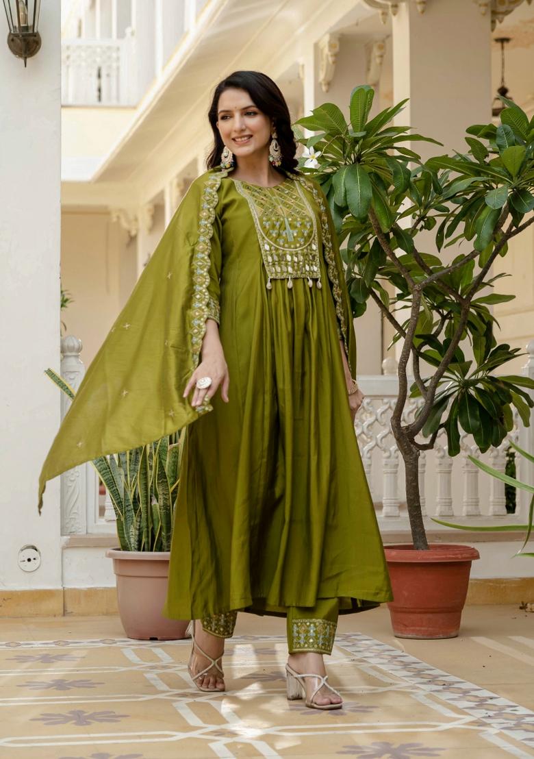 Mehendi Embroidered Silk Kurta Set - Indya