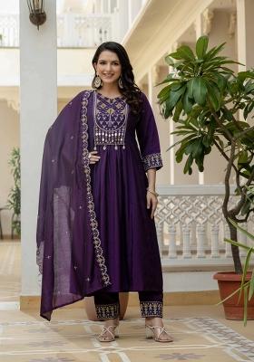 Purple Embroidered Silk Kurta Set