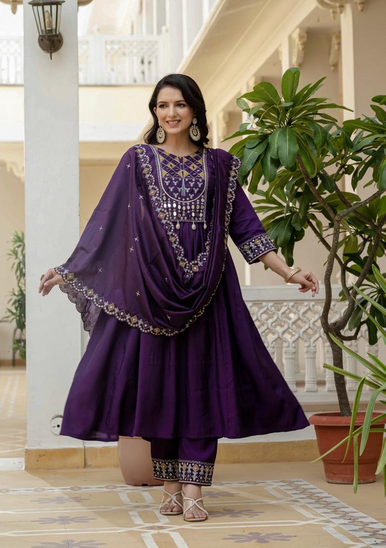 Purple Embroidered Silk Kurta Set - Indya