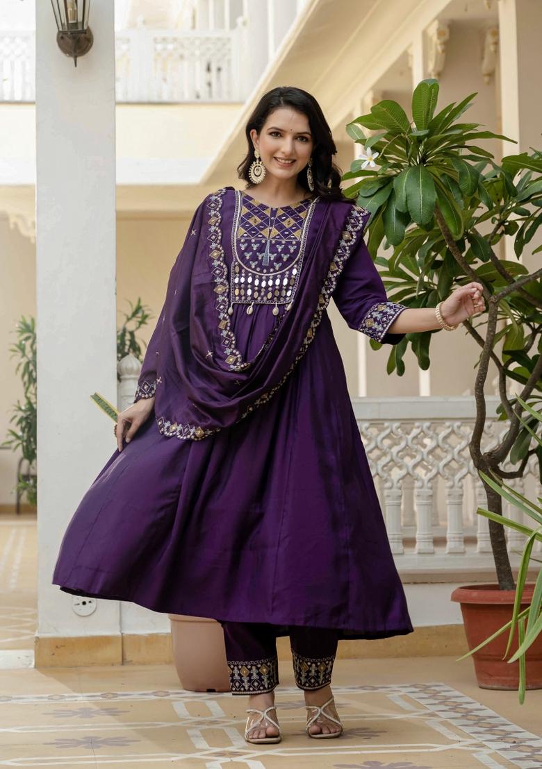 Purple Embroidered Silk Kurta Set - Indya