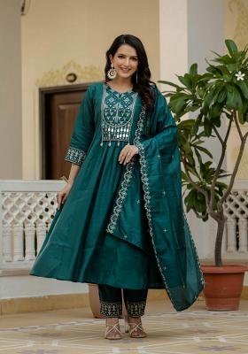 Teal Embroidered Silk Kurta Set
