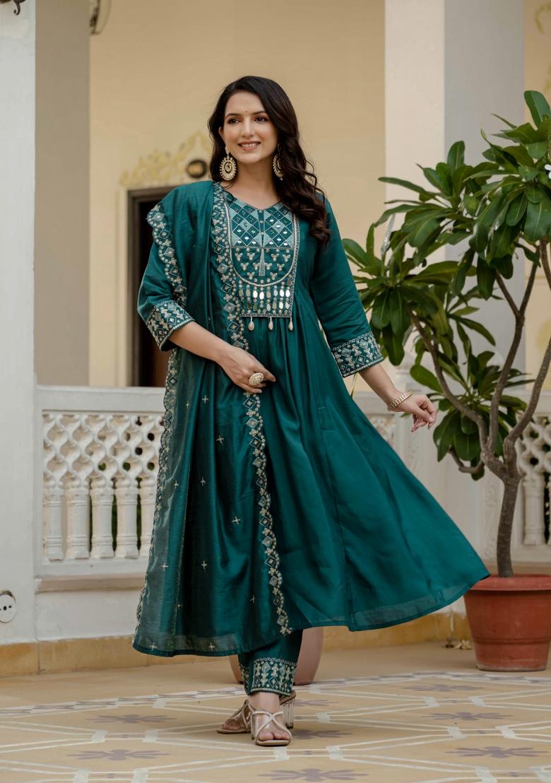 Teal Embroidered Silk Kurta Set - Indya
