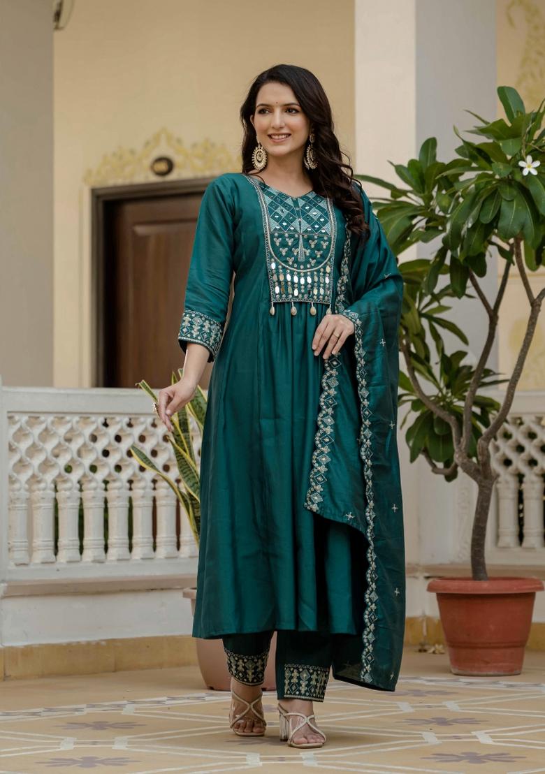 Teal Embroidered Silk Kurta Set - Indya