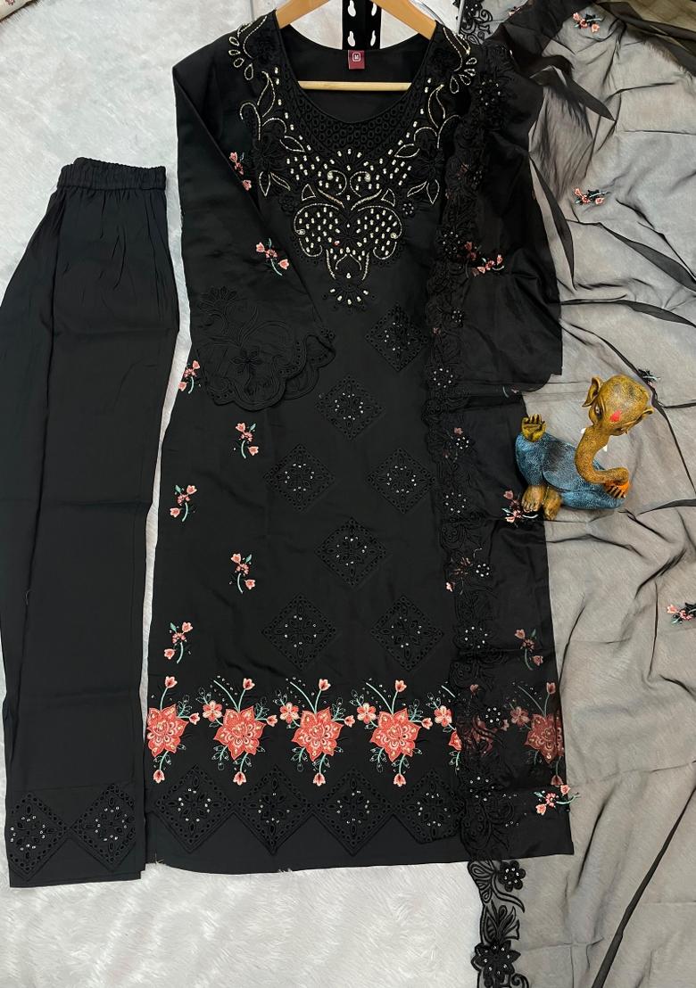 Black Sequin Work Silk Kurta Set - Indya