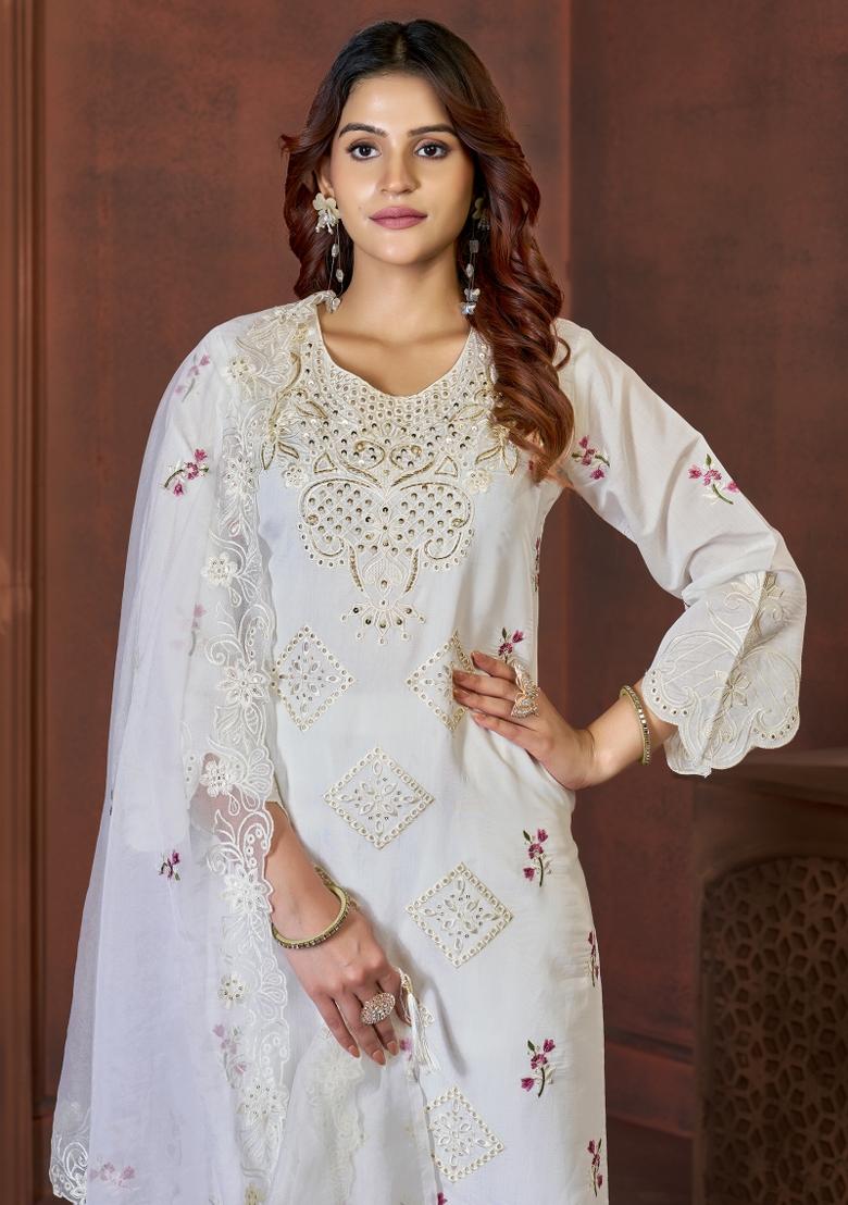 White Sequin Work Silk Kurta Set - Indya