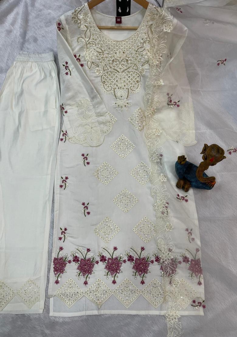 White Sequin Work Silk Kurta Set - Indya