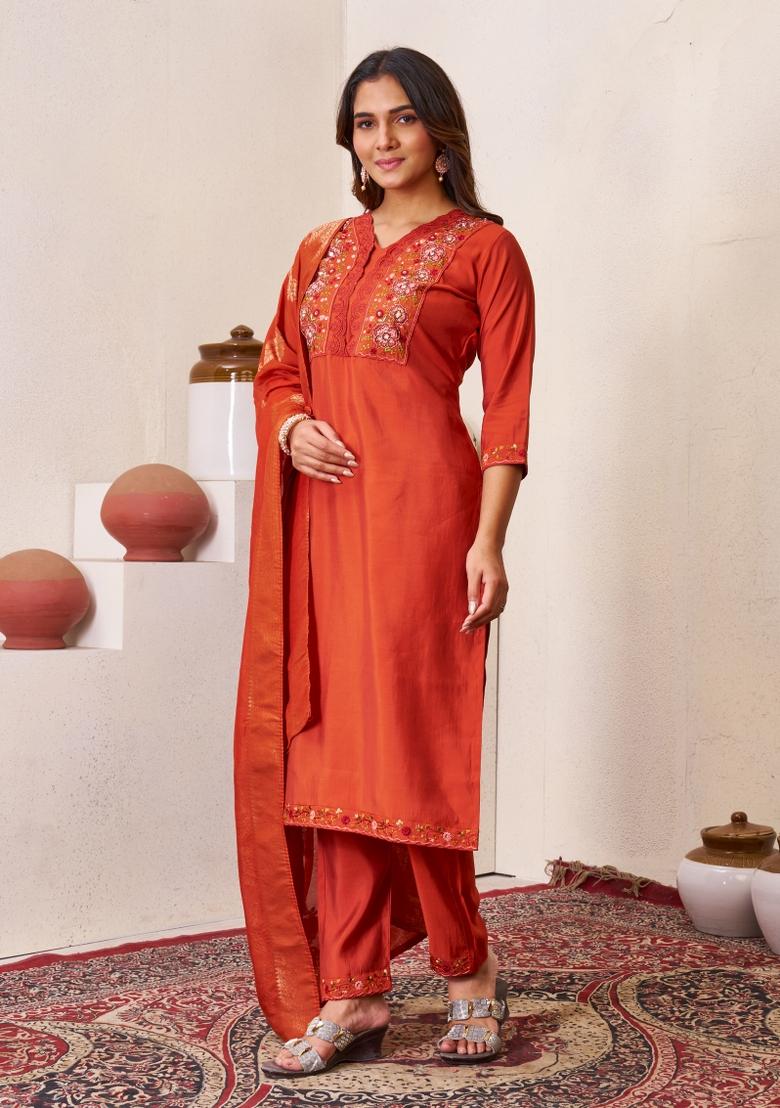 Rust Sequin Work Silk Kurta Set - Indya