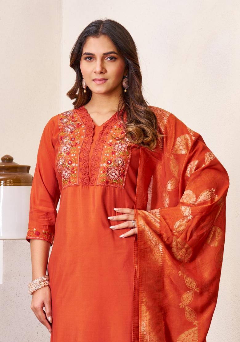 Rust Sequin Work Silk Kurta Set - Indya