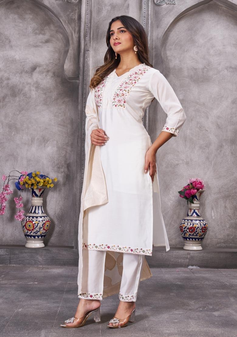 White Sequin Work Silk Kurta Set - Indya