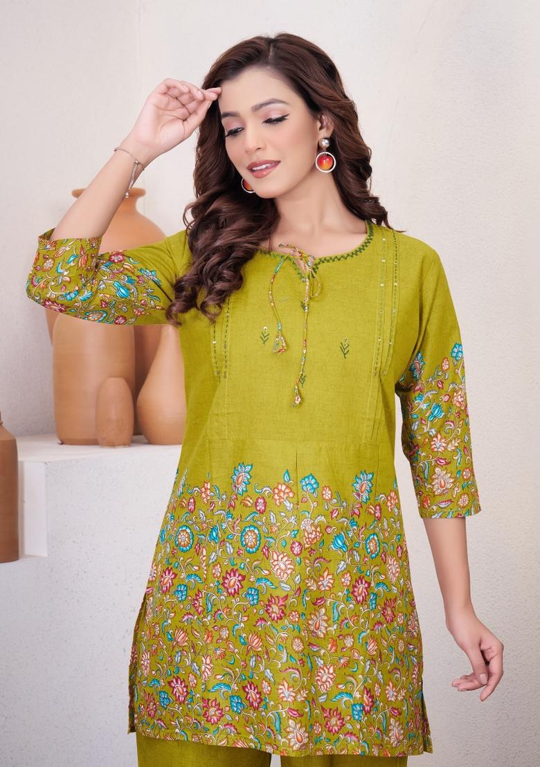 Lemon Yellow Printed Cotton Co Ords Set - Indya