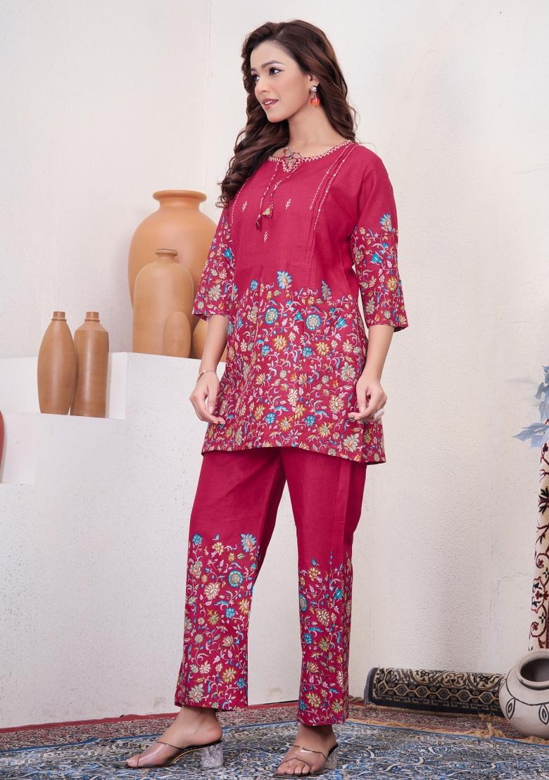 Pink Printed Cotton Co Ords Set - Indya