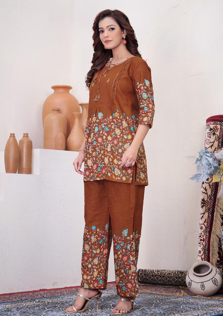 Rust Printed Cotton Co Ords Set - Indya