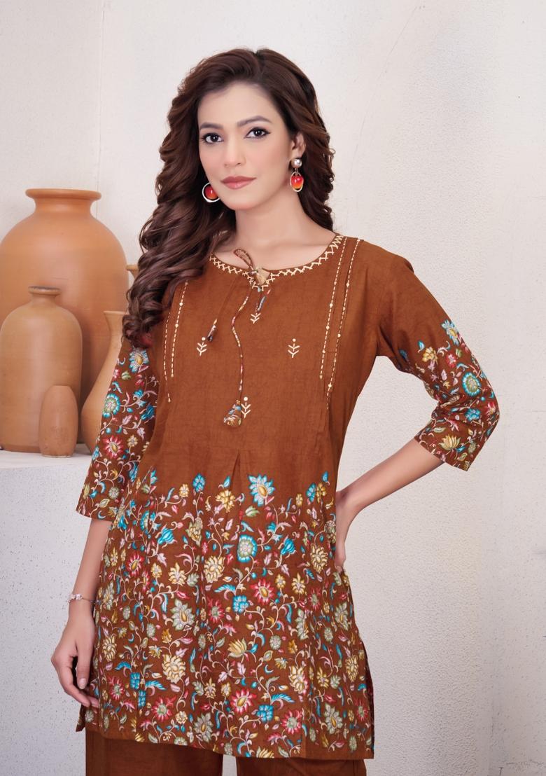 Rust Printed Cotton Co Ords Set - Indya