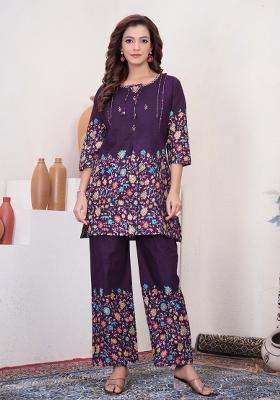 Wine Printed Cotton Co Ords Set
