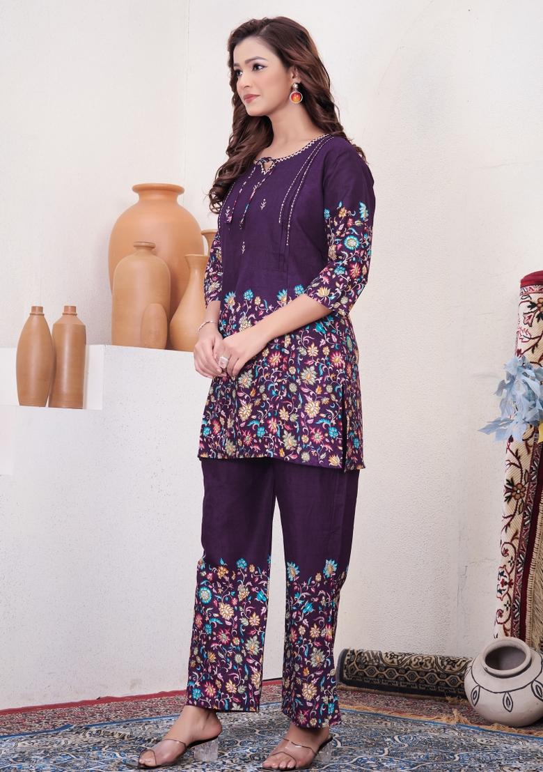Wine Printed Cotton Co Ords Set - Indya
