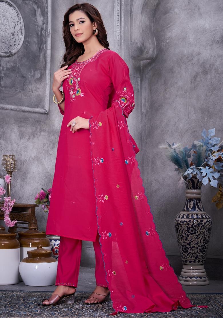 Pink Sequin Work Silk Kurta Set - Indya