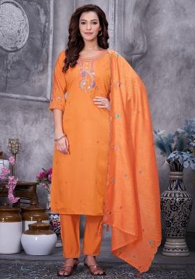Orange Sequin Work Silk Kurta Set