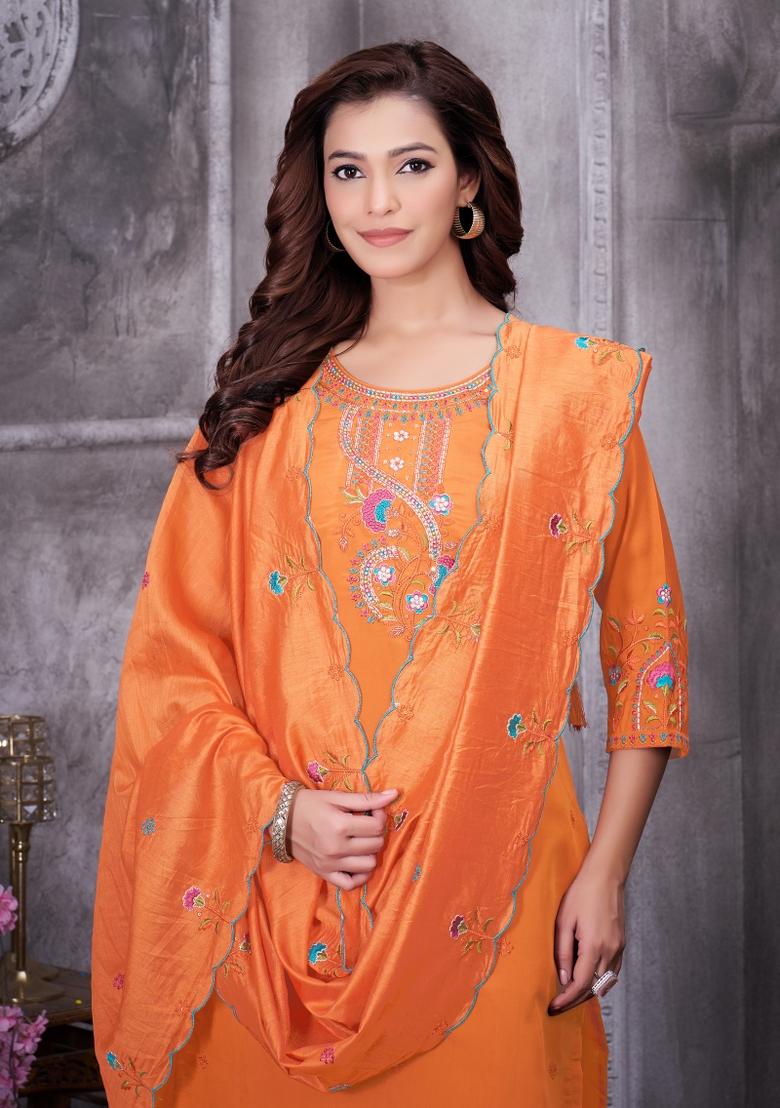 Orange Sequin Work Silk Kurta Set - Indya