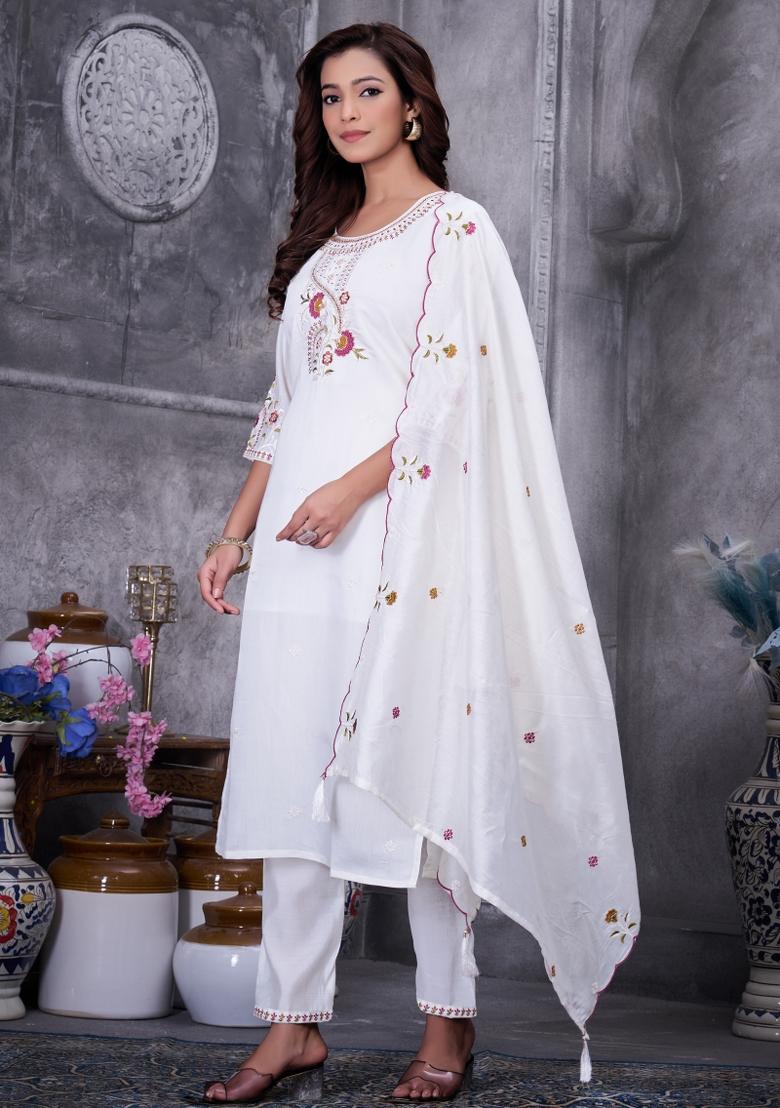 White Sequin Work Silk Kurta Set - Indya