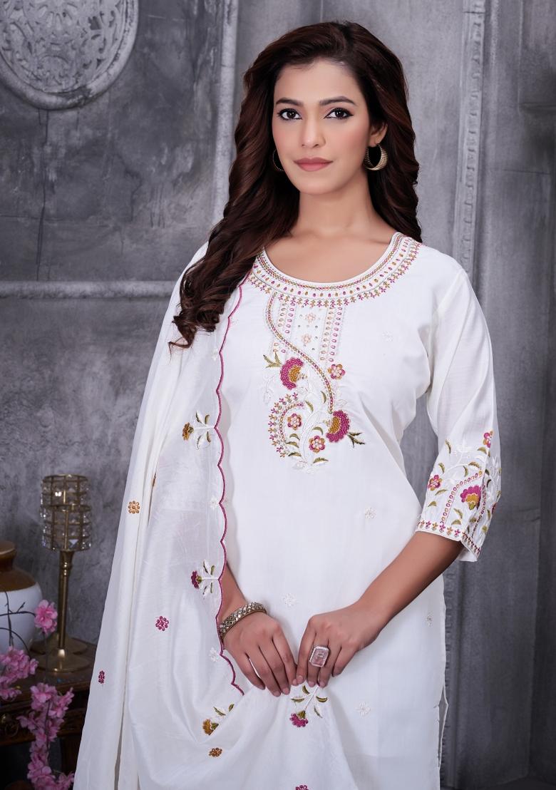 White Sequin Work Silk Kurta Set - Indya
