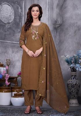 Brown Sequin Work Silk Kurta Set