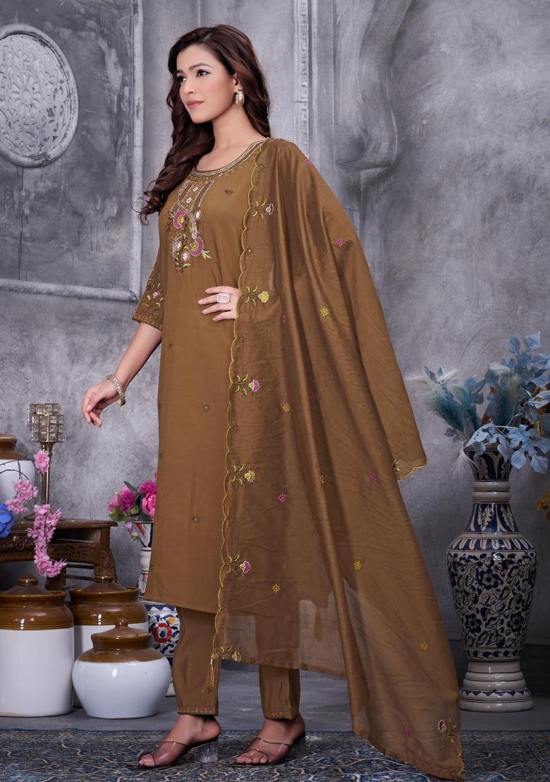 Brown Sequin Work Silk Kurta Set - Indya