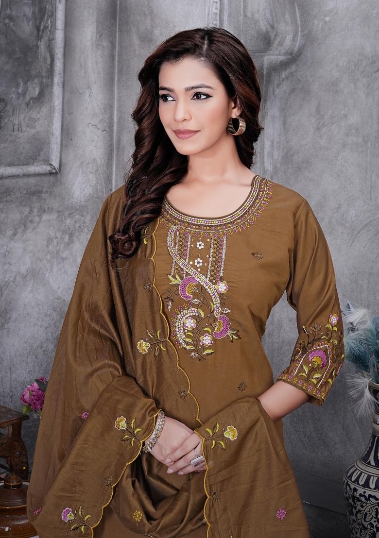 Brown Sequin Work Silk Kurta Set - Indya