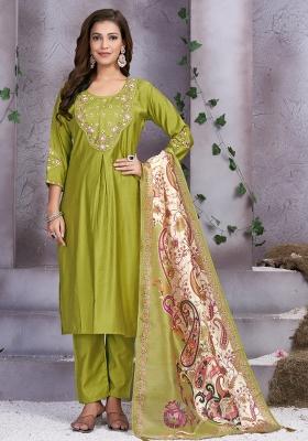Parrot Green Embroidered Silk Kurta Set
