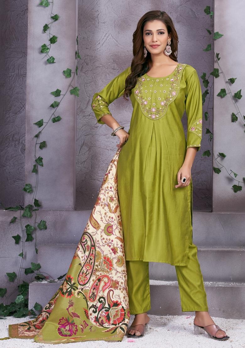 Parrot Green Embroidered Silk Kurta Set - Indya
