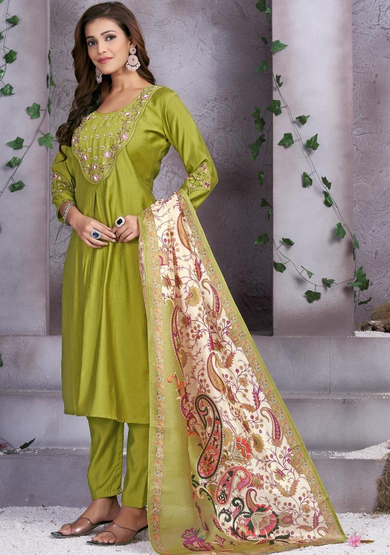 Parrot Green Embroidered Silk Kurta Set - Indya