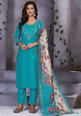 Sea Green Embroidered Silk Kurta Set