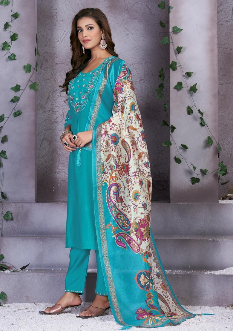 Sea Green Embroidered Silk Kurta Set - Indya