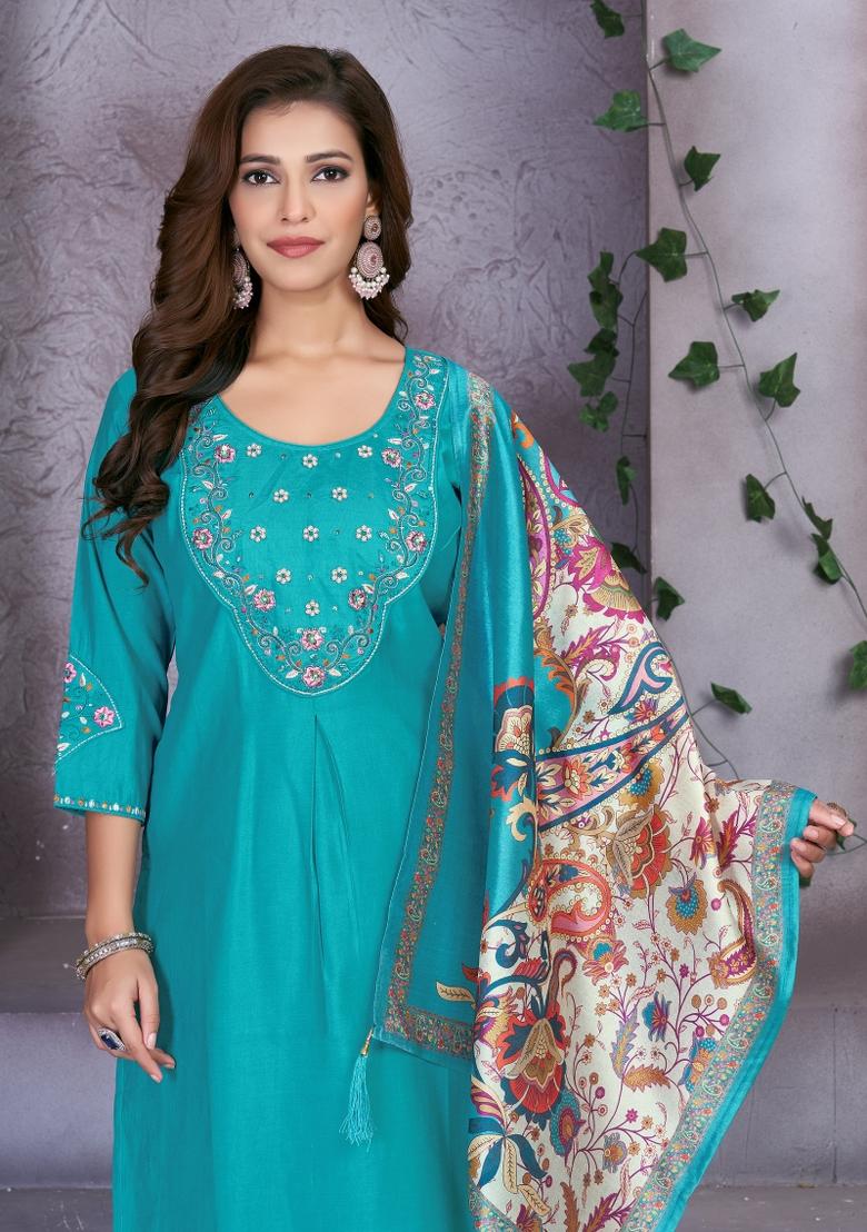 Sea Green Embroidered Silk Kurta Set - Indya