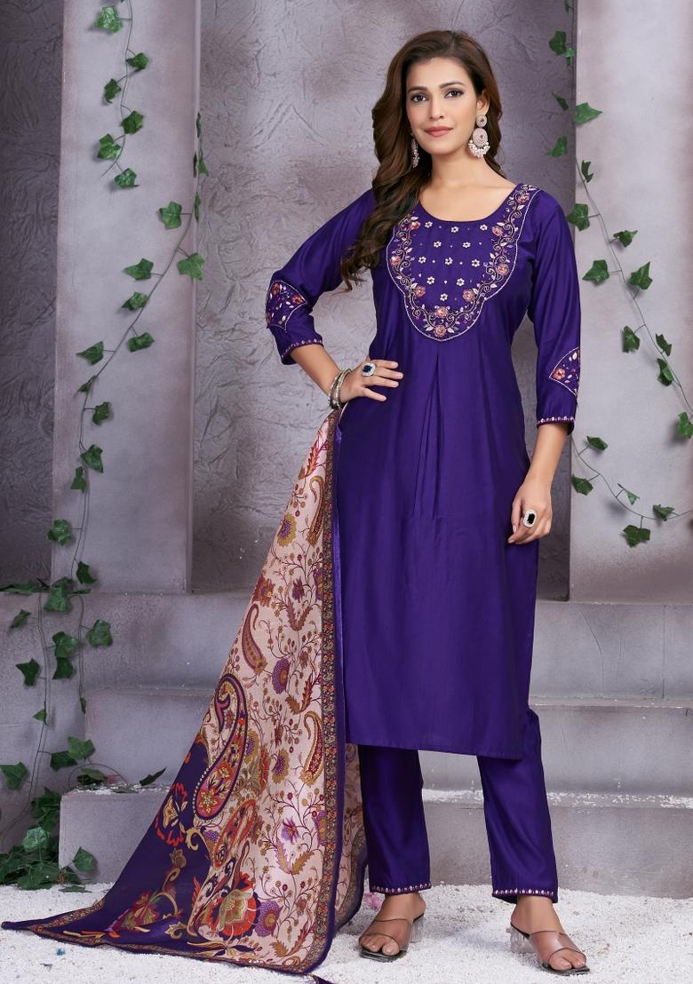 Violet Embroidered Silk Kurta Set - Indya