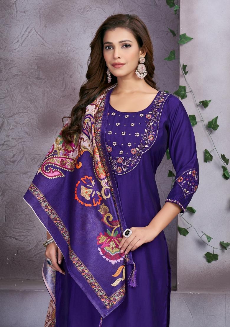 Violet Embroidered Silk Kurta Set - Indya