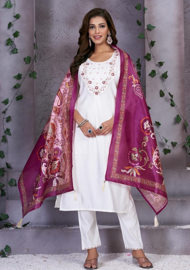 White Embroidered Silk Kurta Set - Indya