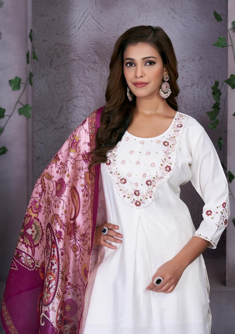 White Embroidered Silk Kurta Set - Indya