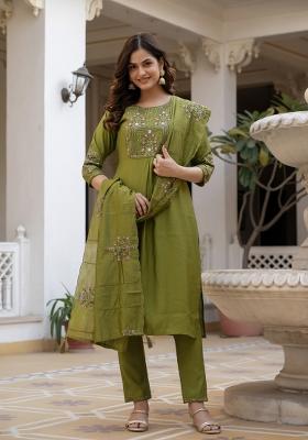 Mehendi Green Sequin Work Silk Kurta Set