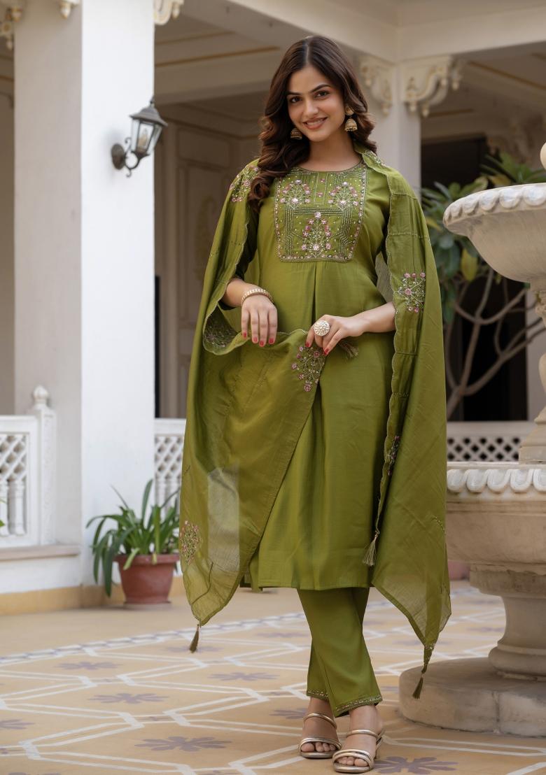 Mehendi Green Sequin Work Silk Kurta Set - Indya