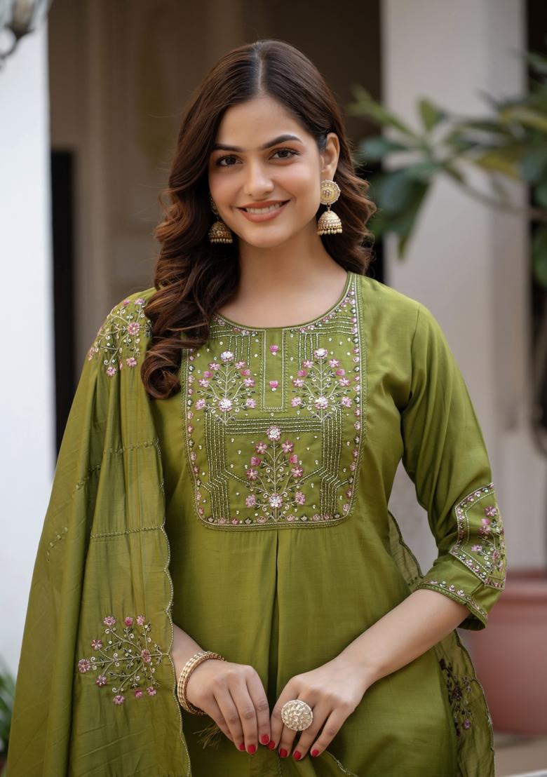 Mehendi Green Sequin Work Silk Kurta Set - Indya