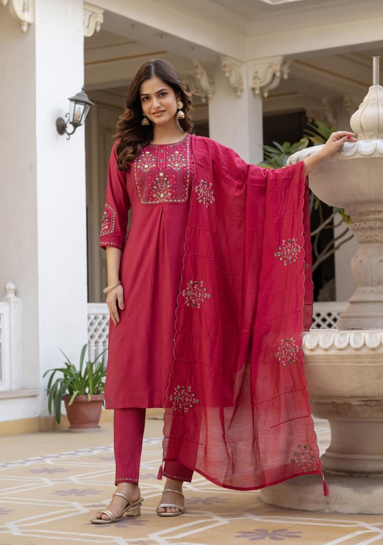 Pink Sequin Work Silk Kurta Set - Indya
