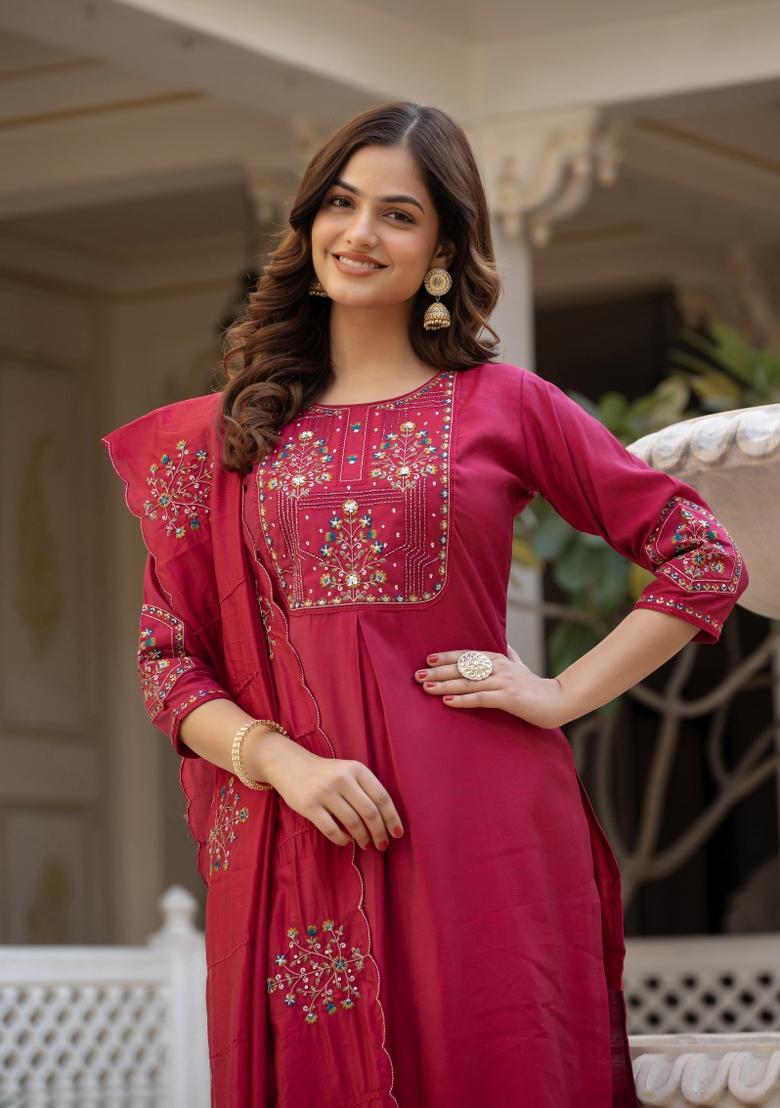 Pink Sequin Work Silk Kurta Set - Indya