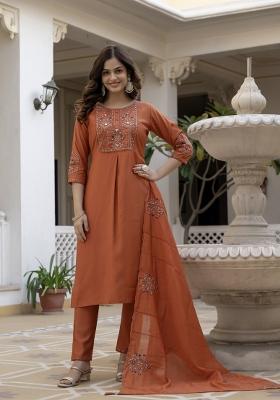 Rust Sequin Work Silk Kurta Set