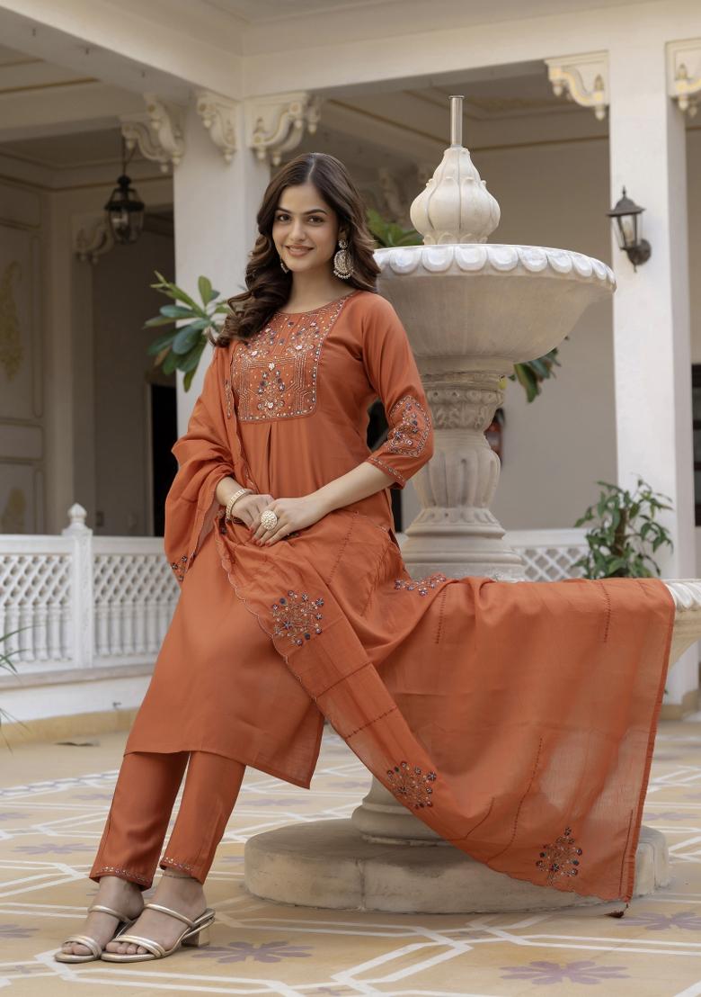 Rust Sequin Work Silk Kurta Set - Indya